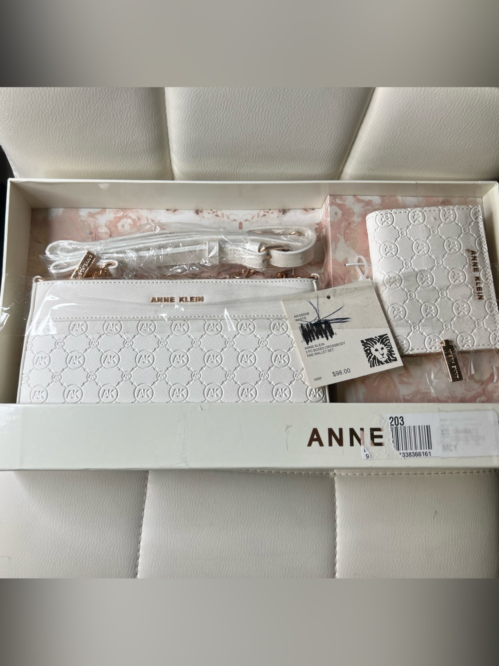 Anne Klein White Embossed Crossbody bag & Card Case Set with Gold Accents